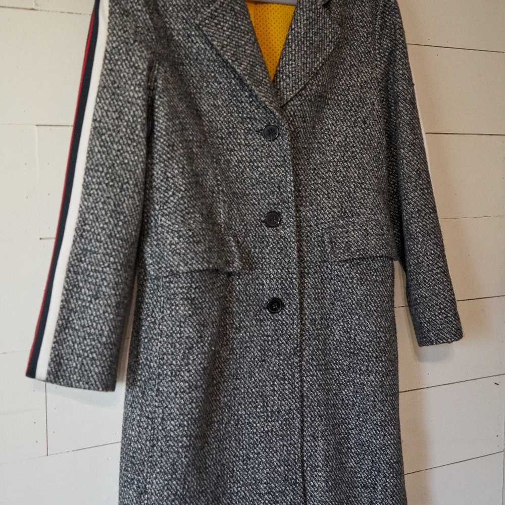 KOCHE Womens Tweed Knit Wool Blend Trench Coat in Gray - Good Quality - Sz Large